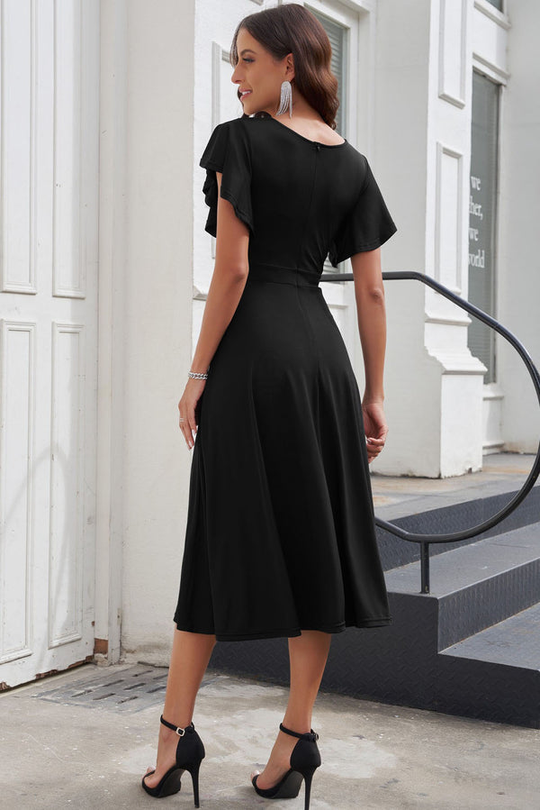 Black Ruffled Sleeve Wrap V Neck Midi Dress