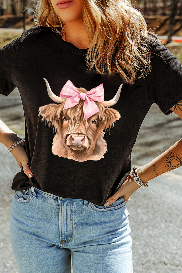 Black Bow Cow Head Graphic Western Fashion T Shirt