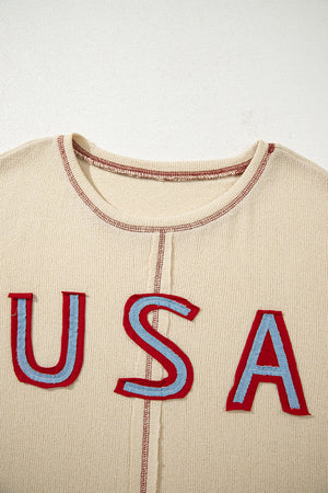 Beige USA Star Contrast Patchwork Exposed Seam Long Sleeve Top