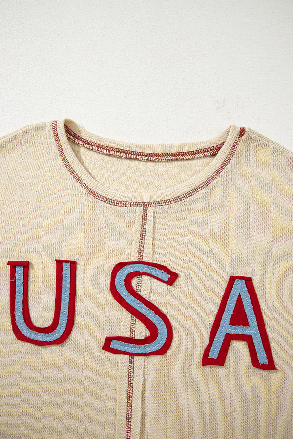 Beige USA Star Contrast Patchwork Exposed Seam Long Sleeve Top