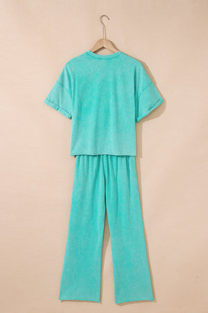 Mint Green Acid Wash Star Patched Rolled Trim Pants Set