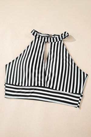 Black Striped Halter Top Drawstring Ruched High Waisted Bikini