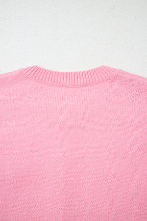 Pink Cute Knitted Floral Pattern Button Up Cardigan