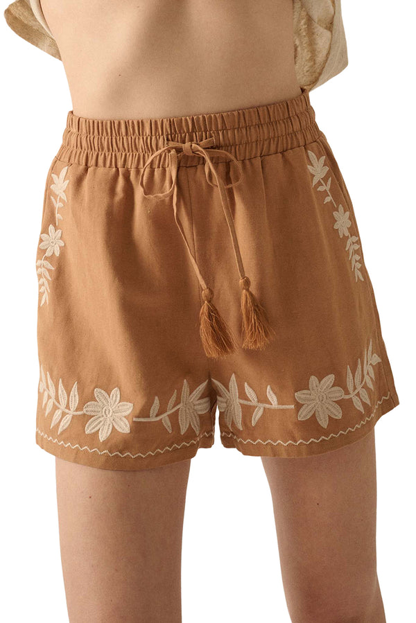 Khaki Embroidered Boho Tasseled Drawstring Elastic Waistband Casual shorts