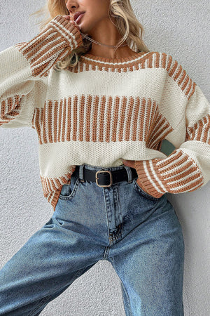Khaki Two Tone Striped Patchwork Drop Shoulder Loose Sweater