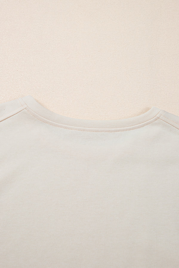 White Pearled Puff Sleeve Round Neck Loose Top