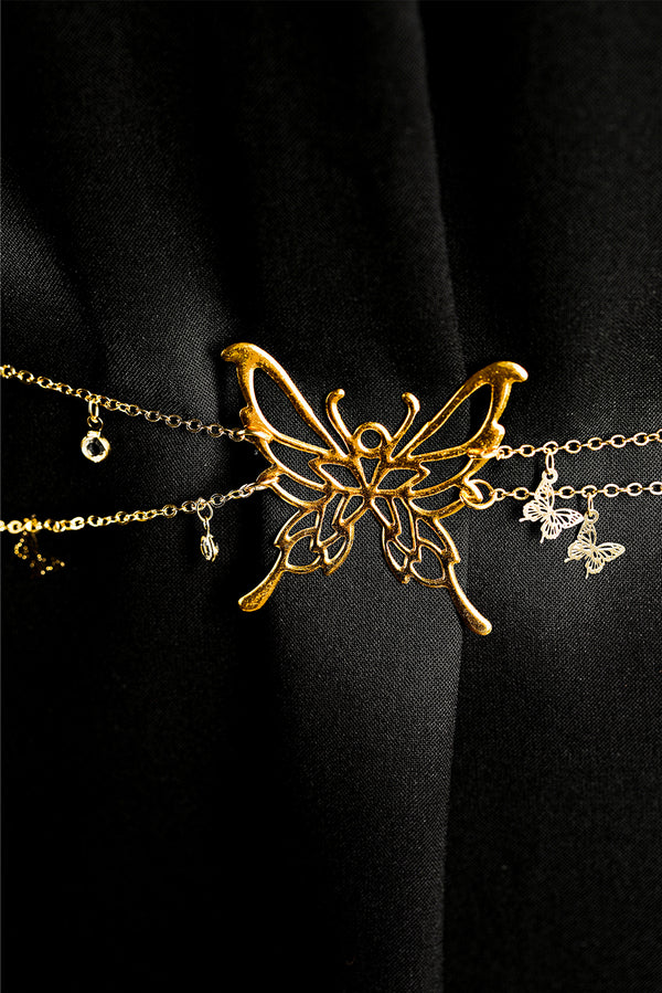 Gold Butterfly Decor Tassel Plate Alloy Layered Waist Chain