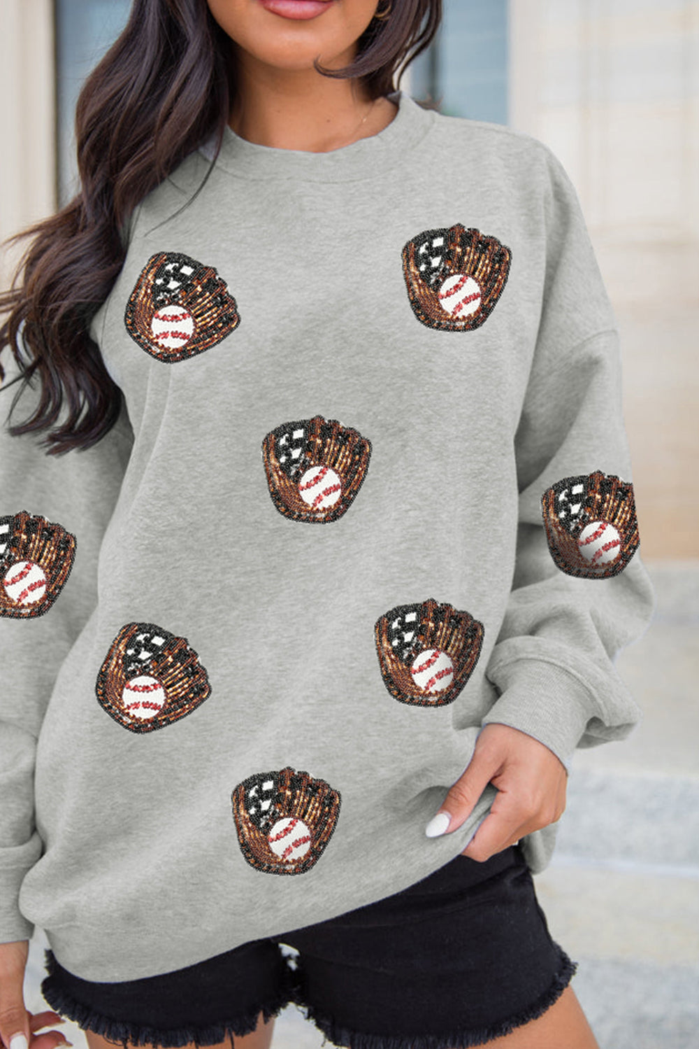 Gray Sequin Baseball Patched Casual Sweatshirt