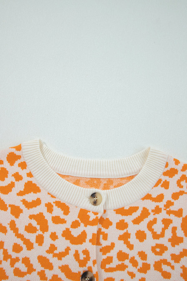 Orange Leopard Drop Shoulder Chunky Knitted Cardigan Sweater