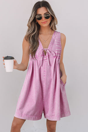 Bonbon Mineral Wash Pleated Bust V Neck Sleeveless Denim Romper