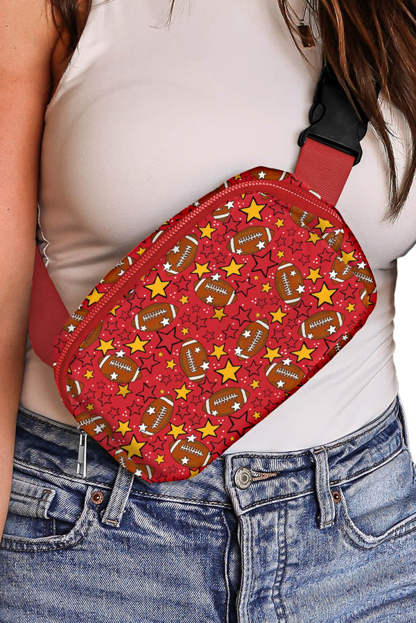 Fiery Red Rugby Football Star Printed Buckle Strap Crossbody Bag