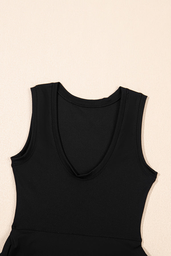 Black Sleeveless Knot Skirt Hem Sports Romper