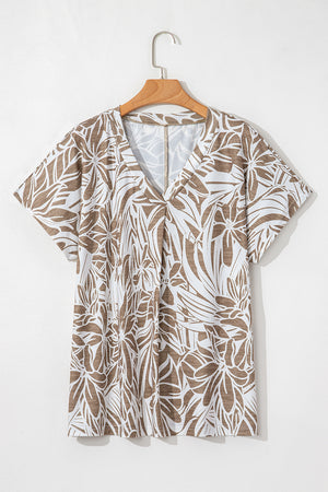 Khaki Floral Print V Neck Short Sleeve Loose Fit Blouse