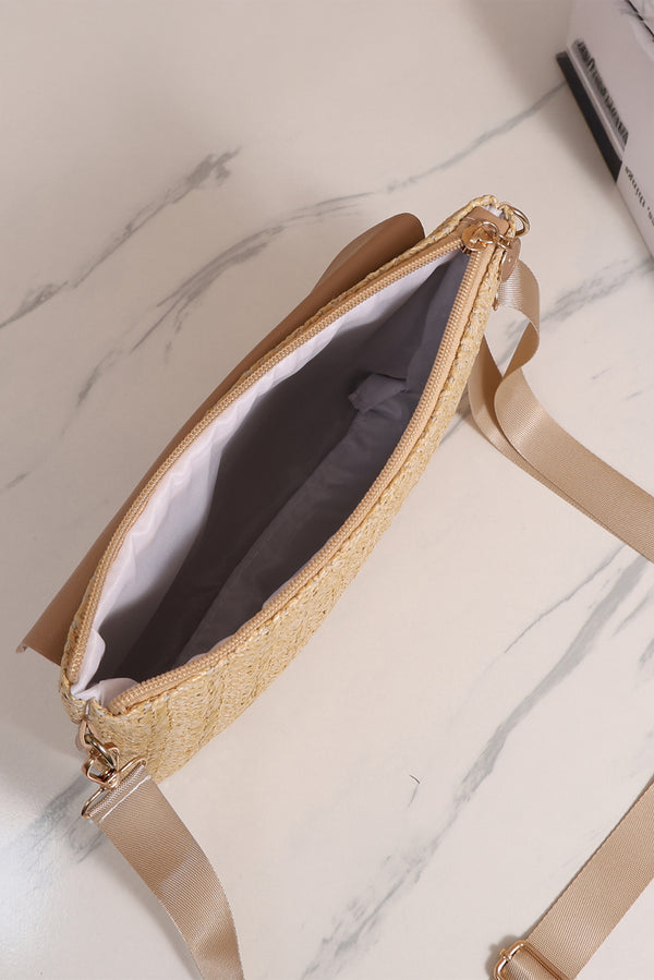 Beige Leather Pocket Patchwork Straw Woven Shoulder Bag