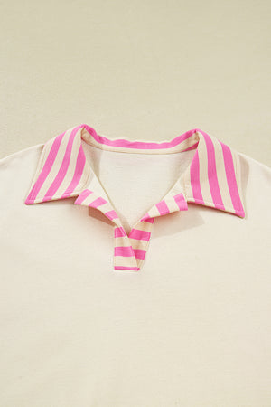 Pink Stripe Contrast Polo Collar Drop Shoulder Patchwork Plus Size Pullover