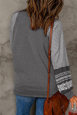Gray Contrast Print Striped Raglan Long Sleeve Loose Top