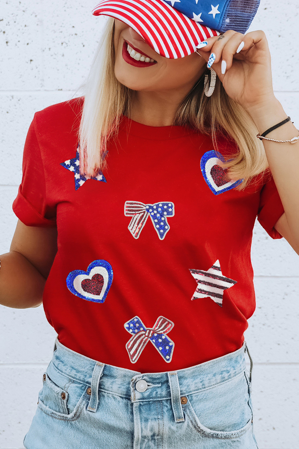 Red American Flag Inspired Sequined Pattern Crewneck Tee