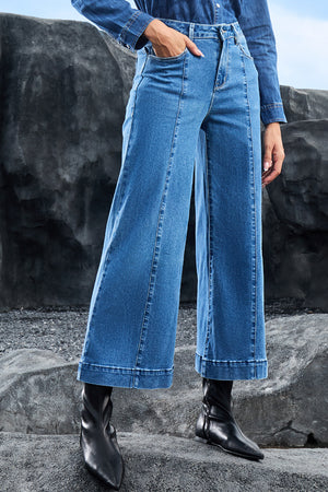 Dark Blue Plain Seam Detail Flared Bottom Ankle Length Jeans