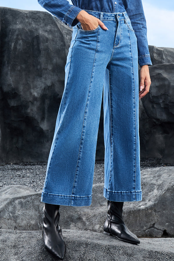 Dark Blue Plain Seam Detail Flared Bottom Ankle Length Jeans