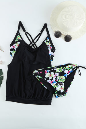 Black Layered-Style Floral Tankini with Triangular Briefs