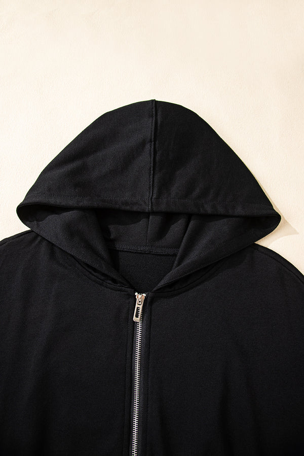 Black Double Zipper Hooded Jacket and Sweatpants Active Set