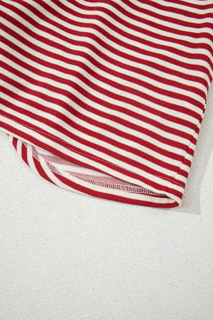 Red Stripe Bowknot Cutout Back Drop Shoulder Wide Bracelet Sleeve Loose Tee