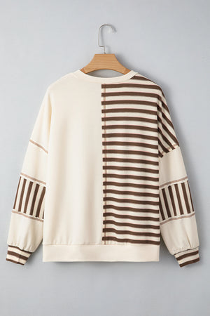 Khaki Stripe Stitched Detail Color Block Patchwork Oversized Pullover Top