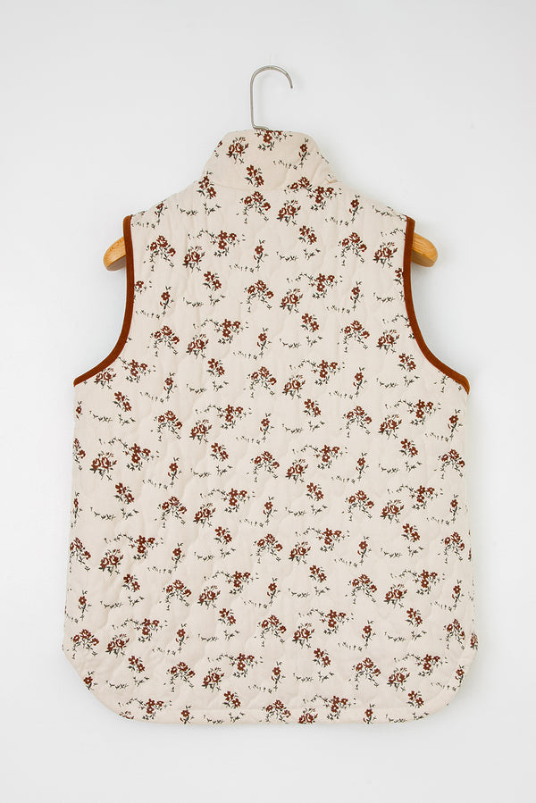 Apricot Floral Print Zip Up Quilted Vest