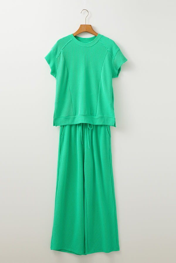 Bright Green Solid Corded Knit Short Sleeve T Shirt and Wide Leg Pants Set