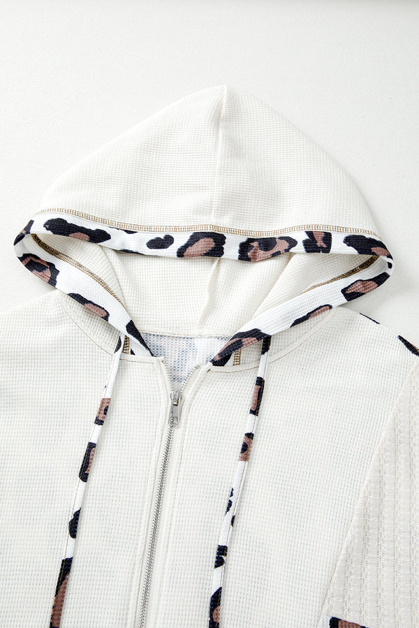 Apricot Oversized Leopard Contrast Mixed Texture Patchwork Zip Up Drop Shoulder Hoodie