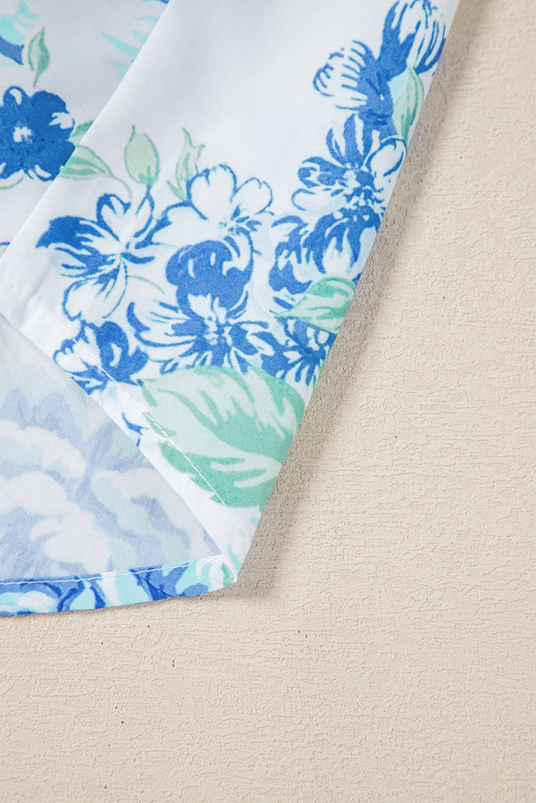 Sky Blue Floral Print Ruffle Sleeve Frilly Button Up Shirt