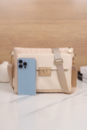 Beige Leather Pocket Patchwork Straw Woven Shoulder Bag