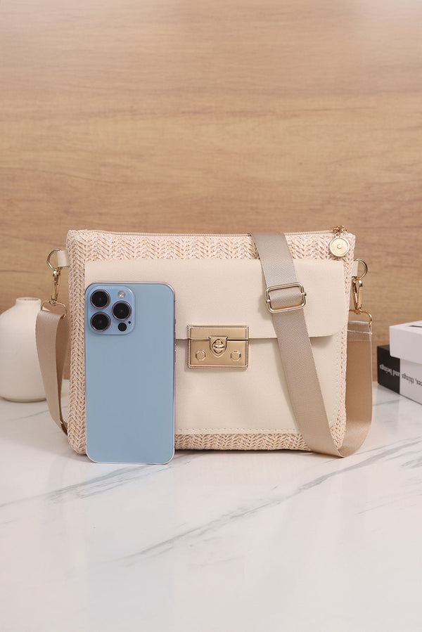 Beige Leather Pocket Patchwork Straw Woven Shoulder Bag