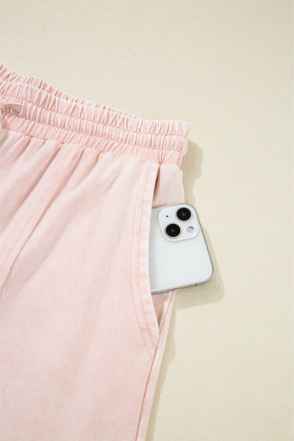 Pink Flower Patch Mineral Washed Terry Knit Cropped Wide Leg Pants