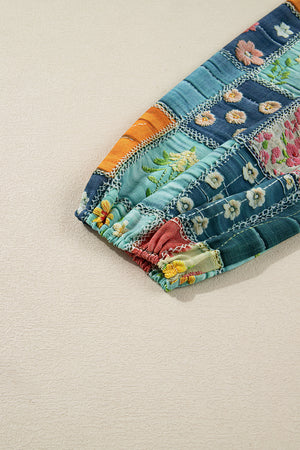 Sky Blue Mix Floral Checkered Pattern Bubble Sleeve Ruffle Hem Dress