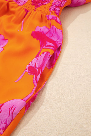 Orange Floral Print Frilly Smocked V Neck 3/4 Sleeve Long Dress