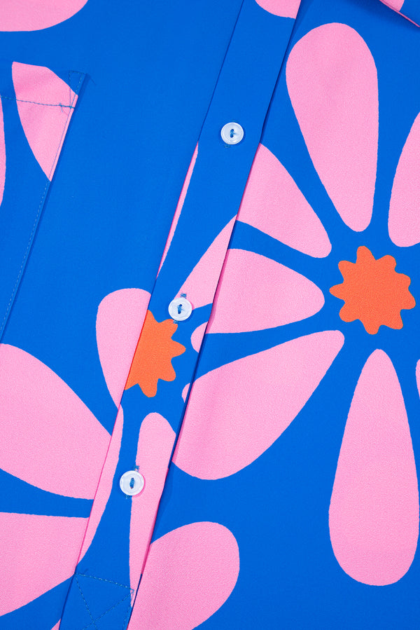 Blue Summer Flower Print Shirt Collar Button Front Loose Romper