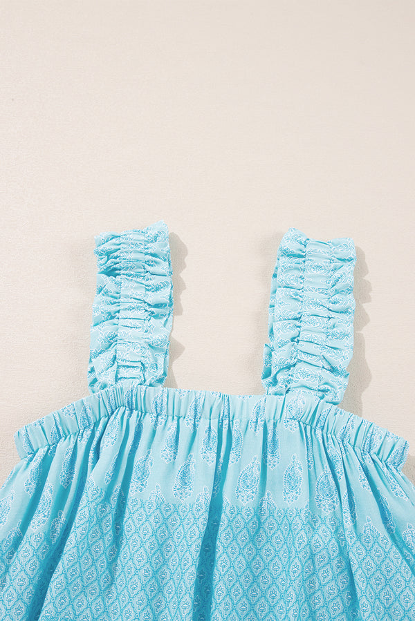 Sky Blue Tribal Pattern Print Ruffled Wide Straps Loose Tank Top