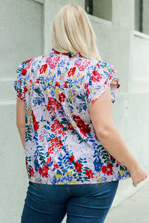 Fiery Red Plus Floral Print Ruffle Cap Sleeve V Neck Blouse