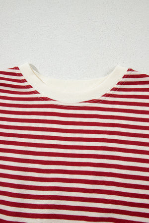 Red Stripe Bowknot Cutout Back Drop Shoulder Wide Bracelet Sleeve Loose Tee