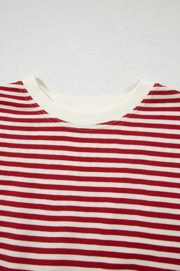 Red Stripe Bowknot Cutout Back Drop Shoulder Wide Bracelet Sleeve Loose Tee