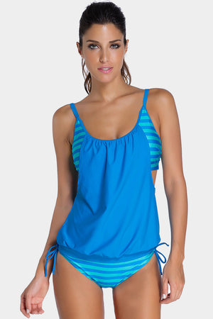Blue Layered-Style Striped Tankini with Triangular Briefs