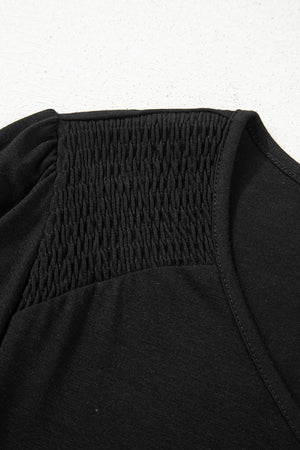 Black Shirred Shoulder Frilled Cuffs Long Sleeve Top