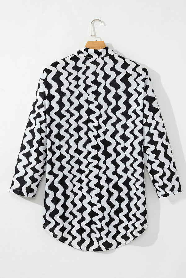 Black Stripe Print Loose Fit Open Front Beach Cover Up
