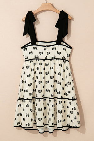 White Bow Knot Color Contrast Trim Knotted Shoulder Mini Dress