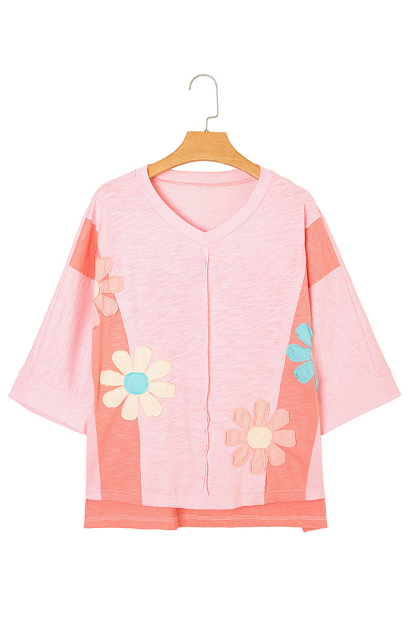 Pink Flower Patched Exposed Seam Bracelet Sleeve Oversized T Shirt