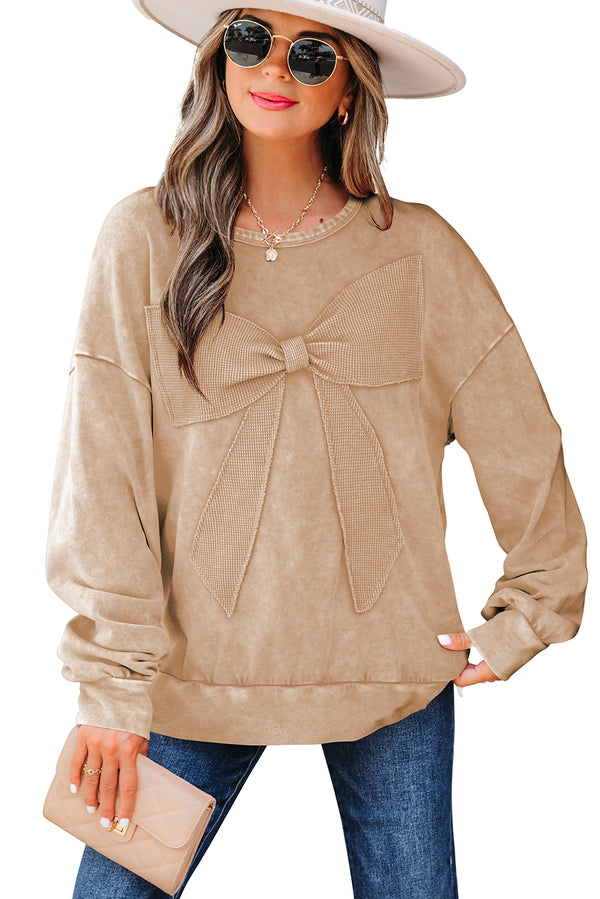Light French Beige Mineral Wash Big Bow Patchwork Pullover Sweatshirt
