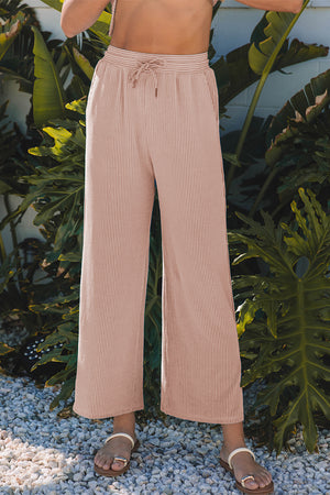 Smoke Gray Solid Corded Knit Short Sleeve T Shirt and Wide Leg Pants Set