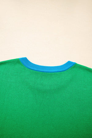 Green Contrast Trim Round Neck Short Sleeve Loose Knit Sweater