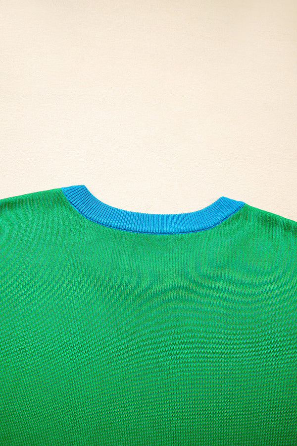 Green Contrast Trim Round Neck Short Sleeve Loose Knit Sweater